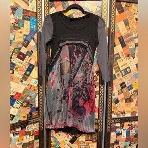 Layered Black & Gray Dress with Abstract Pink/Blue Print
